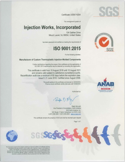 Injection Works Earns ISO 9001:2015 Quality System Certification